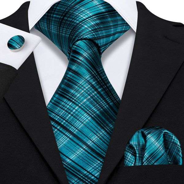 Turquoise Blue Plaid Men's Tie Handkerchief Cufflinks Set