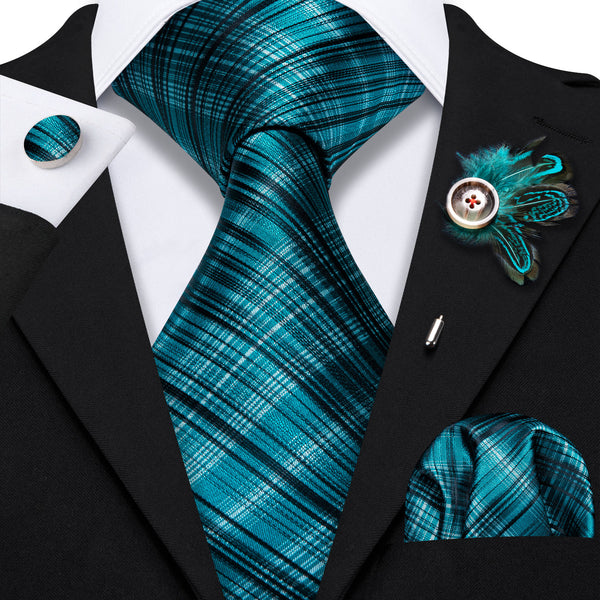 Ties2you Blue Tie Turquoise Plaid Men's Tie Handkerchief Cufflinks Set With Lapel Pin