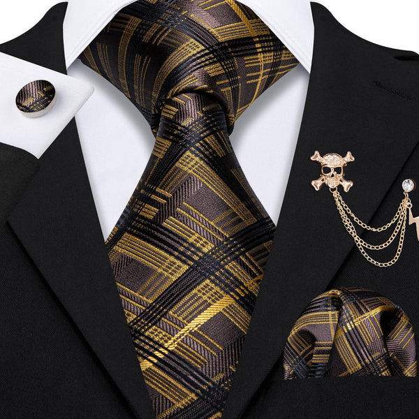 Brown Black Plaid Men's Necktie Pocket Square Cufflinks Set with Lapel Pin