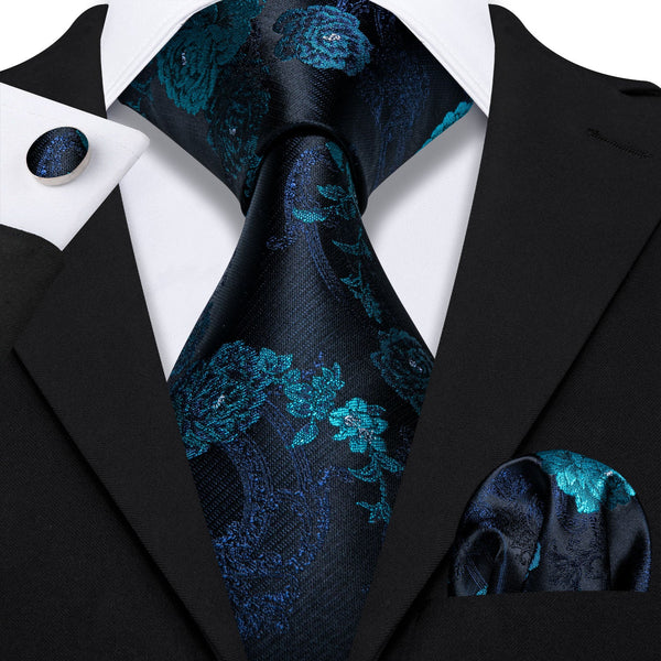 Blue Floral Black Silk Tie Pocket Square Cufflinks Set