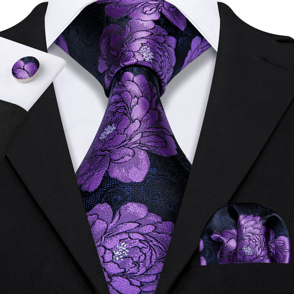 Black Purple Peony Floral Men's Tie Handkerchief Cufflinks Set