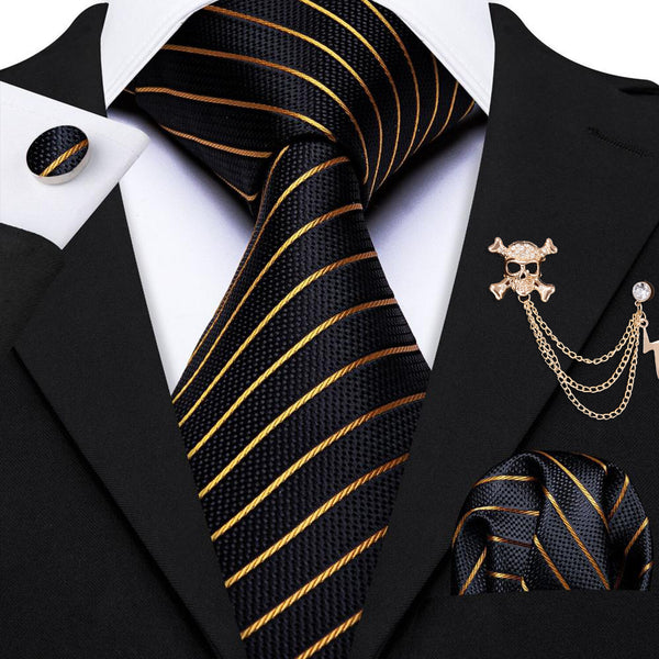 Black Golden Striped Men's Necktie Pocket Square Cufflinks Set with Lapel Pin
