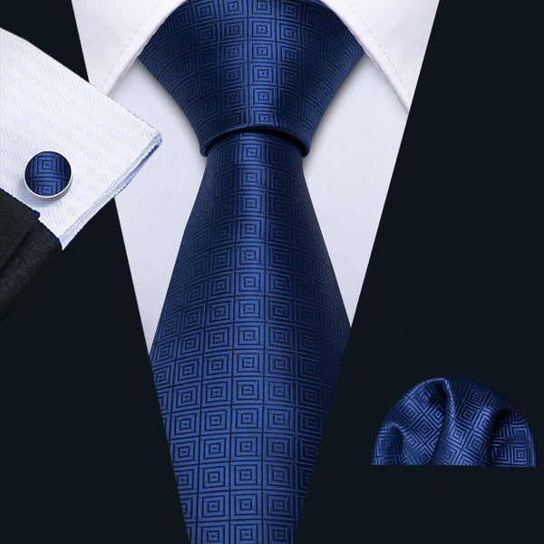 Navy Blue Geometry Novelty Silk Men's Tie Handkerchief Cufflinks Set