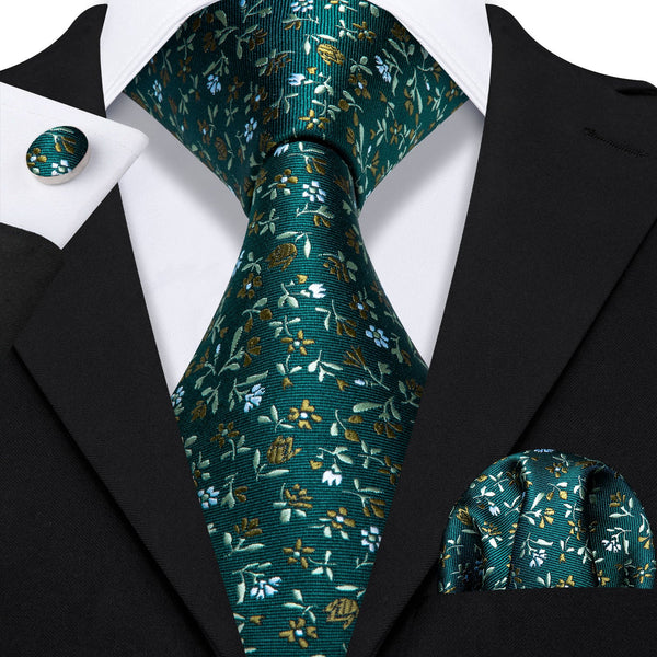 Green Small Floral Tie Pocket Square Cufflinks Set