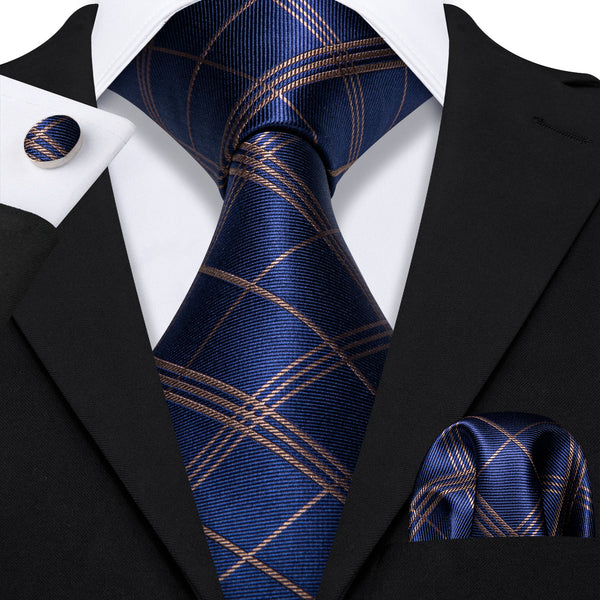Deep Blue Plaid Men's Tie Handkerchief Cufflinks Set