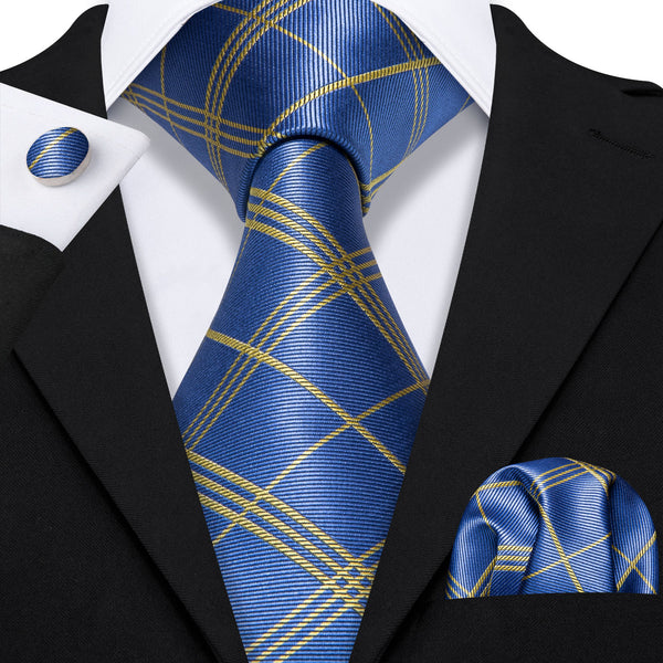 Sky Blue Plaid Men's Tie Handkerchief Cufflinks Set