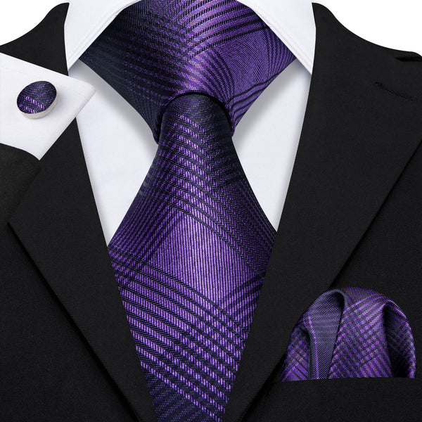 Shining Purple Plaid Men's Tie Handkerchief Cufflinks Set