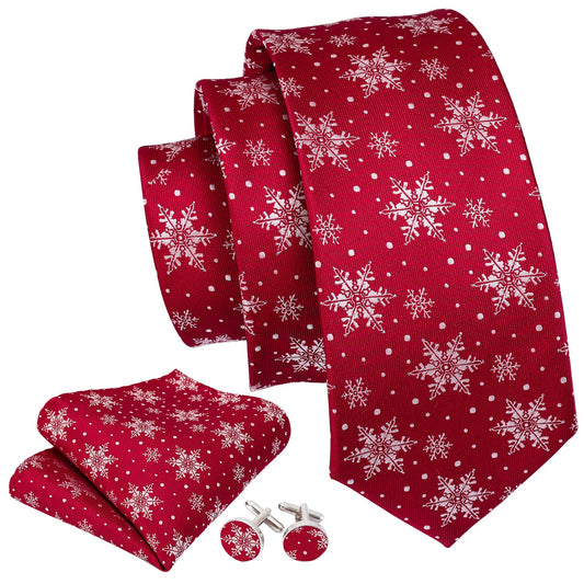 Christmas Red White Snowflake Silk Men's Tie Pocket Square Cufflinks Set