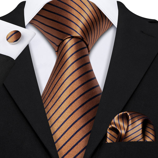 Golden Blue Striped Men's Tie Handkerchief Cufflinks Set
