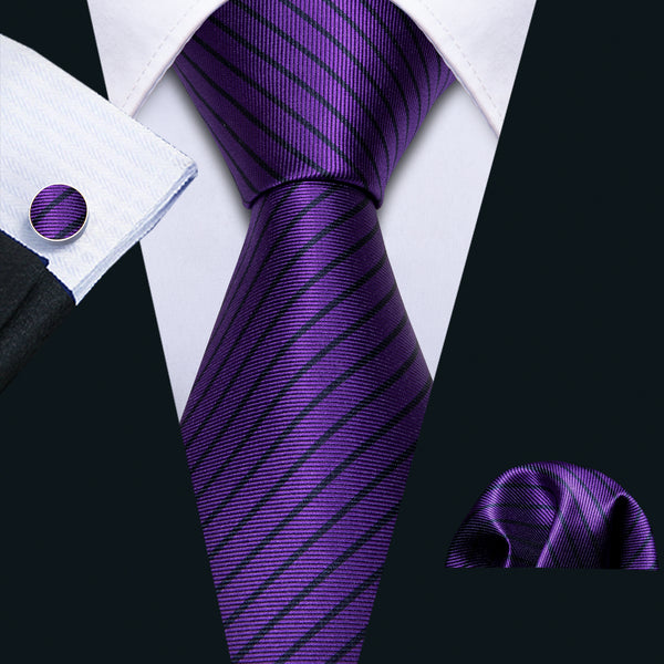 Deep Purple Striped Men's Tie Handkerchief Cufflinks Set
