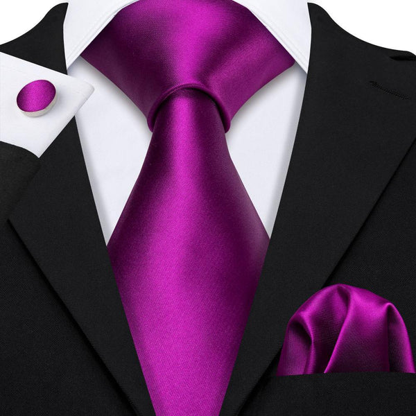 Shiny Dark Purple Solid Necktie Pocket Square Cufflinks Set