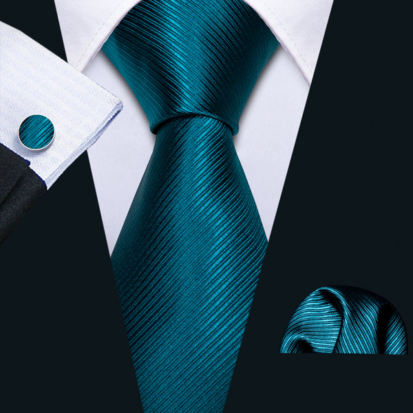 Ties2you Peacock Blue Ties Men's Striped Tie Handkerchief Cufflinks Set