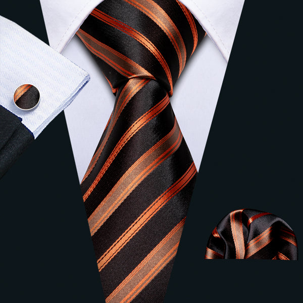 Black Orange Striped Men's Tie Handkerchief Cufflinks Set
