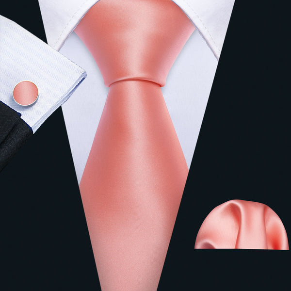 Pink Solid Necktie Pocket Square Cufflinks Set