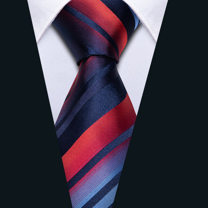 Fashion Blue Red Gradual Color Striped Men's Tie Handkerchief Cufflink ...