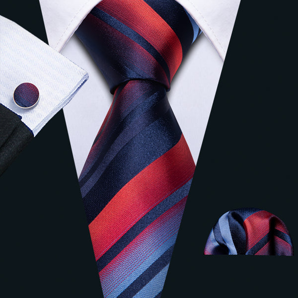 Fashion Blue Red Gradual Color Striped Men's Tie Handkerchief Cufflinks Set