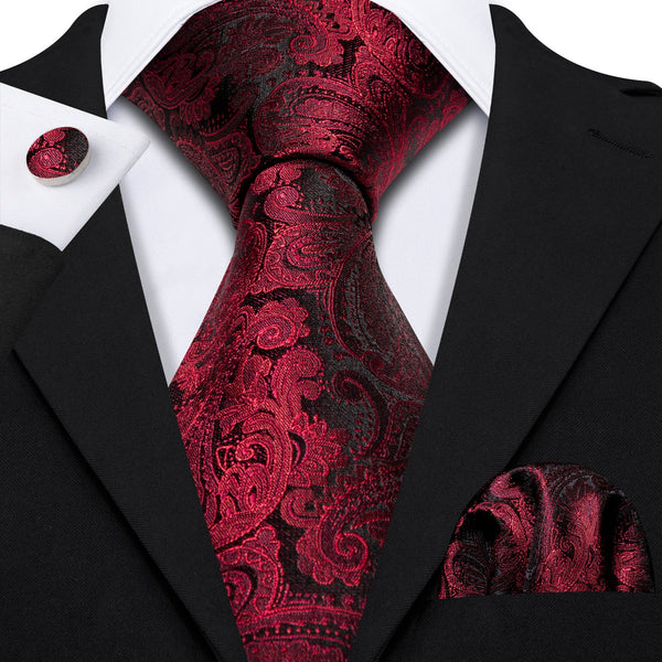 Luxury Black Red Paisley Tie Hanky Cufflinks Set