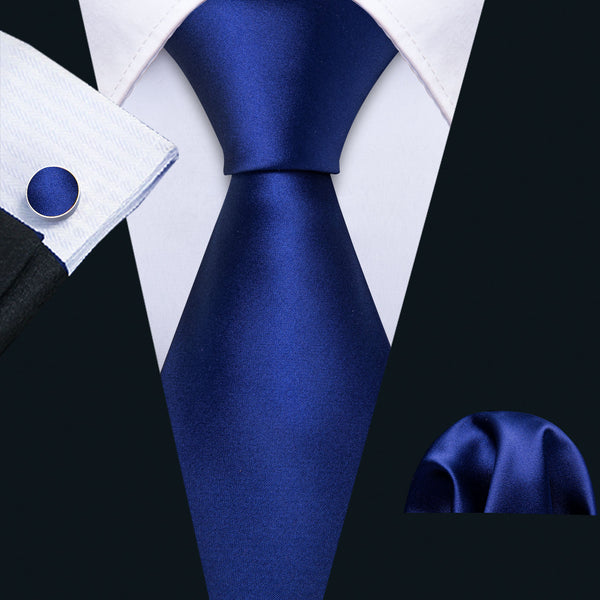 Navy Blue Solid Necktie Pocket Square Cufflinks Set