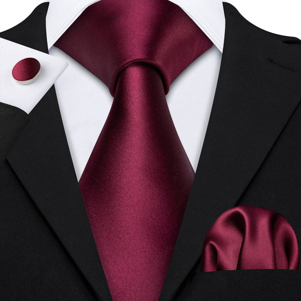 Dark Red Solid Necktie Pocket Square Cufflinks Set