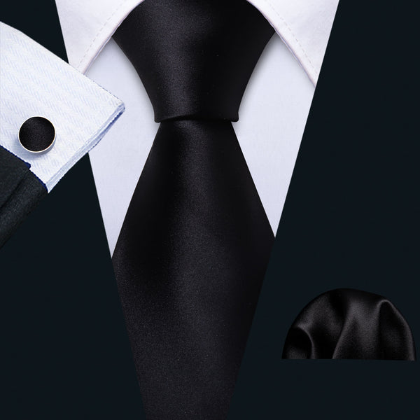 Black Solid Necktie Pocket Square Cufflinks Set