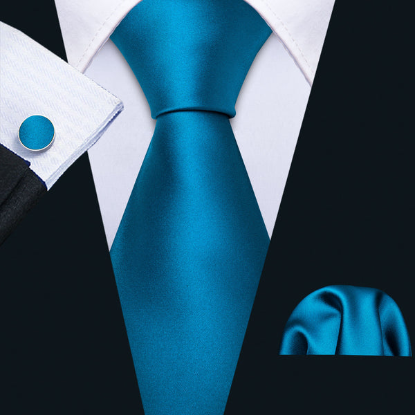 Azure Solid Necktie Pocket Square Cufflinks Set
