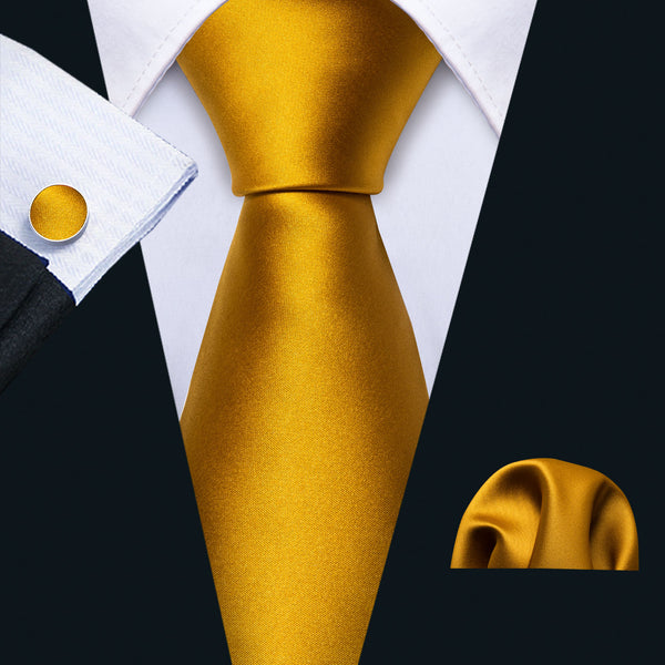 Gold Solid Necktie Pocket Square Cufflinks Set