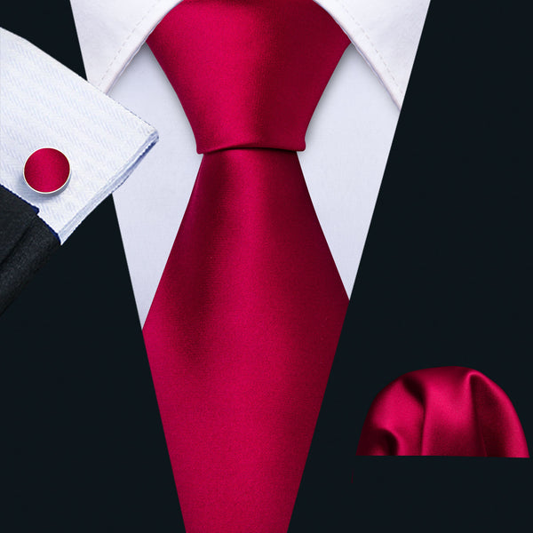 Red Solid Necktie Pocket Square Cufflinks Set