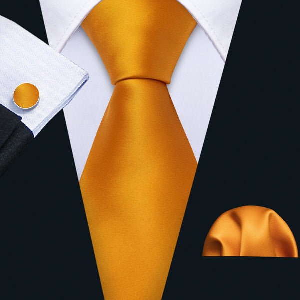 Gold Yellow Solid Necktie Pocket Square Cufflinks Set