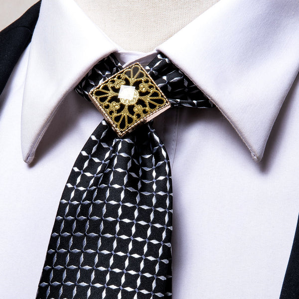 Black White Plaid Men's Necktie Pocket Square Cufflinks Set with Tie Buckle