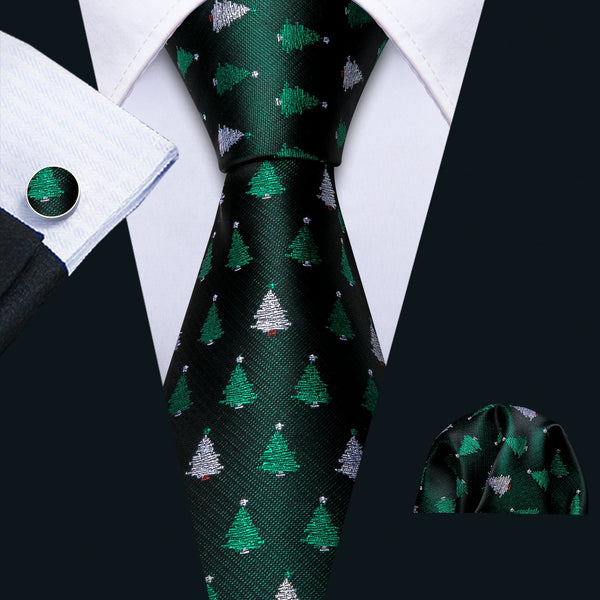Christmas Green Tree Silk Tie Pocket Square Cufflinks Set