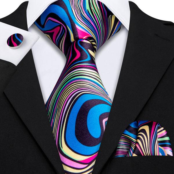 Blue Swirl Novelty Print Men's Necktie Pocket Square Cufflinks Set