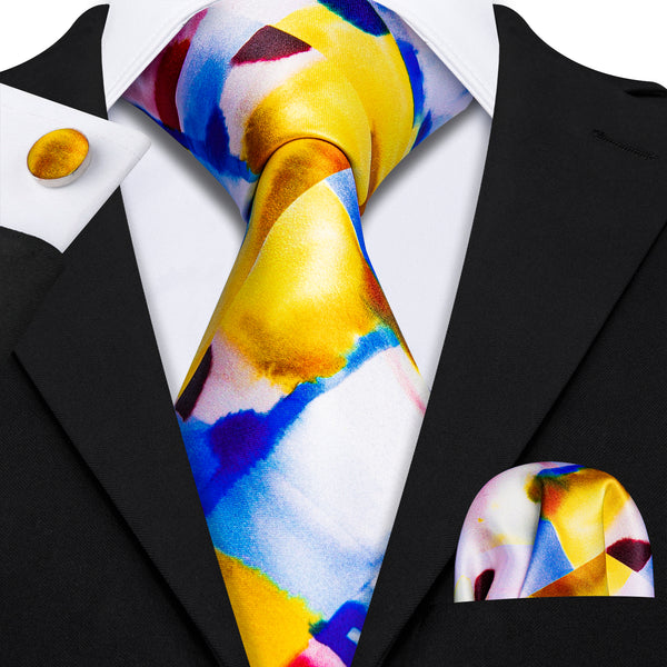 Yellow Blue Novelty Print Men's Necktie Pocket Square Cufflinks Set