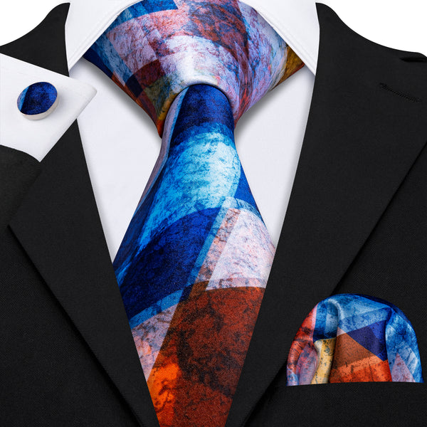 Orange Blue Geometric Novelty Print Men's Necktie Pocket Square Cufflinks Set