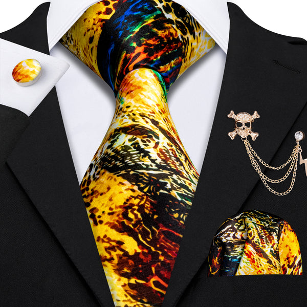 Golden Black Novelty Print Men's Necktie Pocket Square Cufflinks Set with Lapel Pin