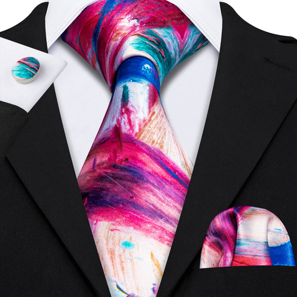 Pink Blue Novelty Print Men's Necktie Pocket Square Cufflinks Set