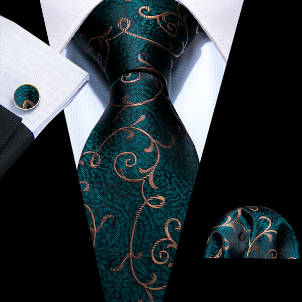 Dark Green Brown Floral Necktie Pocket Square Cufflinks Set