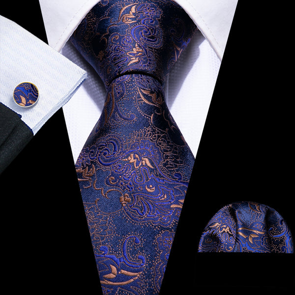 Purple Blue Floral Necktie Pocket Square Cufflinks Set