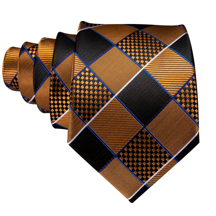 Golden Black Brown Plaid Necktie pocket square set