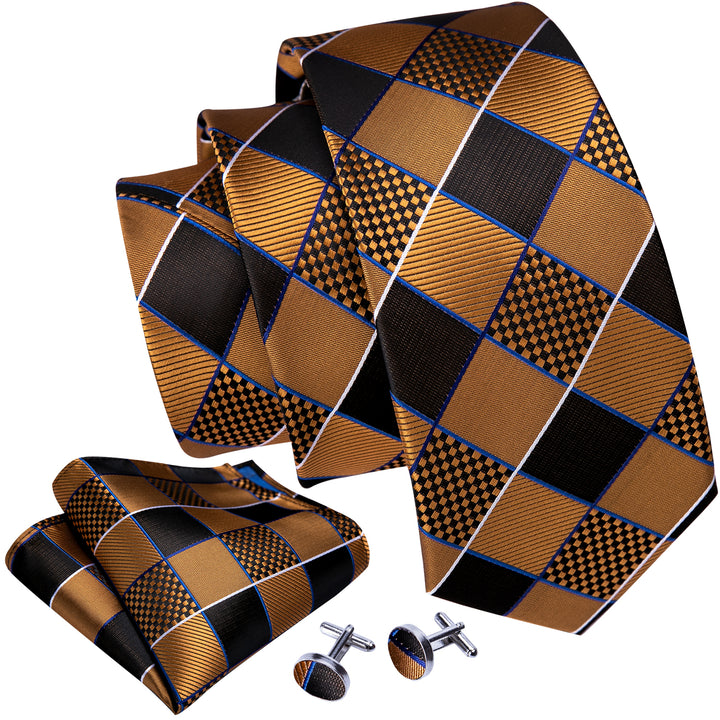 Golden Black Brown Plaid Necktie 