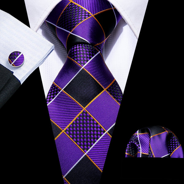 Purple Black Plaid Necktie Pocket Square Cufflinks Set