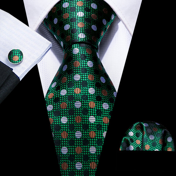 Shiny Green Polka Dot Necktie Pocket Square Cufflinks Set