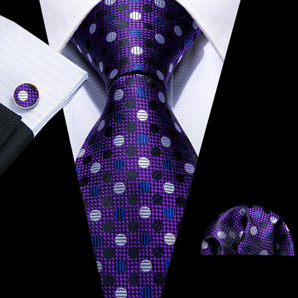 Shiny Purple Polka Dot Necktie Pocket Square Cufflinks Set