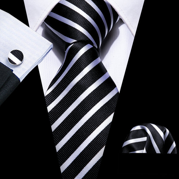 Black White Striped Necktie Pocket Square Cufflinks Set