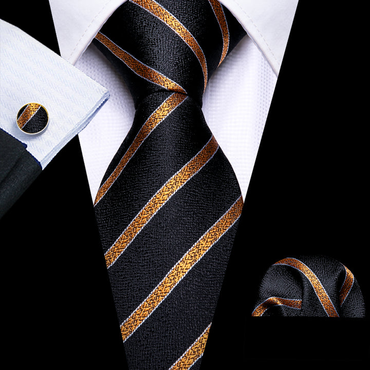 Black Golden Striped silk mens tie for black mens suit jacket