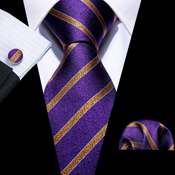 Purple Golden Striped Necktie Pocket Square Cufflinks Set