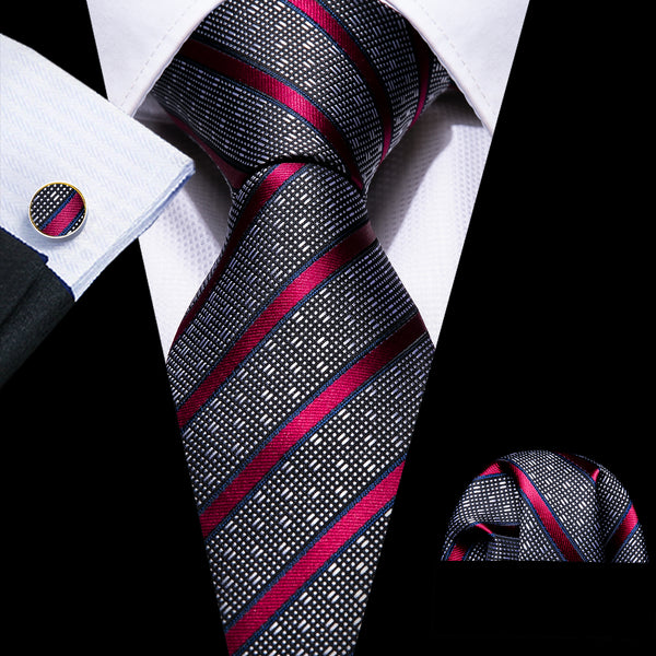 Gray Red Striped Necktie Pocket Square Cufflinks Set