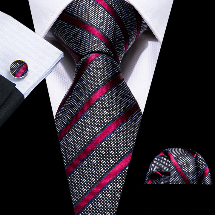 black burgundy red striped tie and pocket square set cuff links set for dress suit
