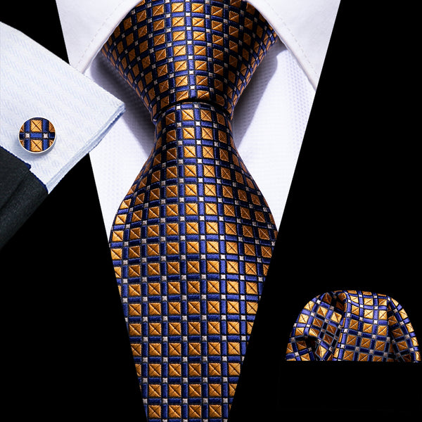Golden Blue Plaid Necktie Pocket Square Cufflinks Set