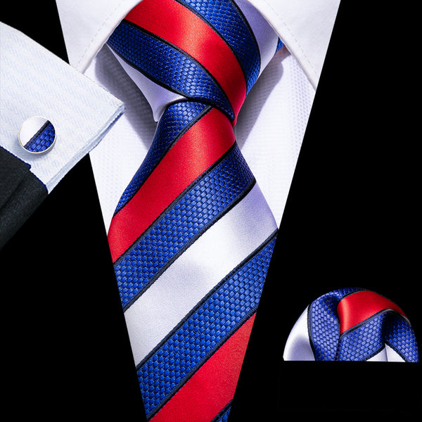 Red Blue White Striped Necktie Pocket Square Cufflinks Set