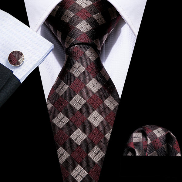 Khaki Brown Plaid Necktie Pocket Square Cufflinks Set